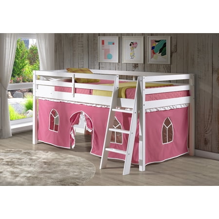 Alaterre Furniture Roxy Pine Twin Junior Loft Bed, White Finish with Pink & White Tent, Guardrails