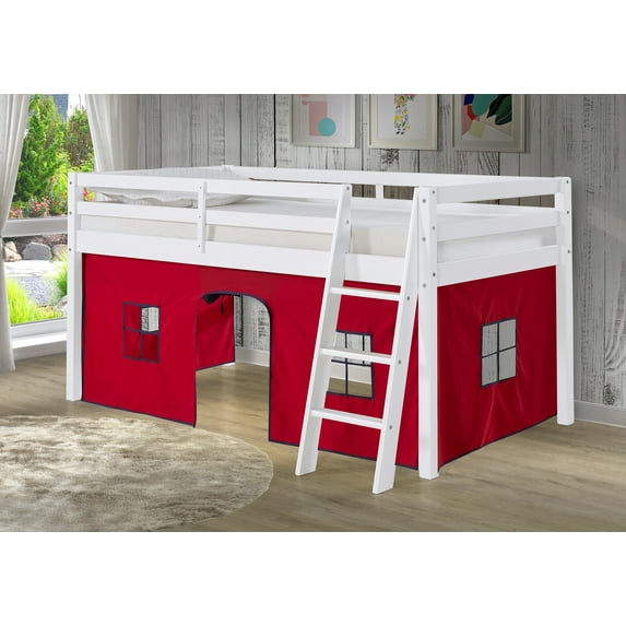 Alaterre Furniture Roxy Junior Kids White Loft Bed, Red with Blue Trim Tent