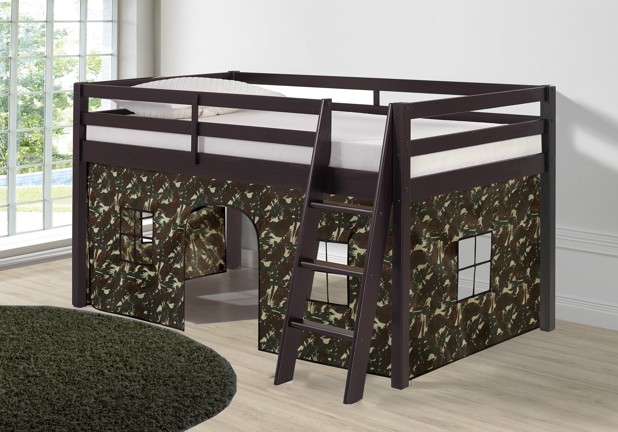 Espresso Twin Wood Loft Bed with Green Camo Tent