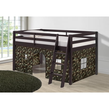 Alaterre Furniture Roxy Junior Loft - Espresso with Green Camo Bottom Tent