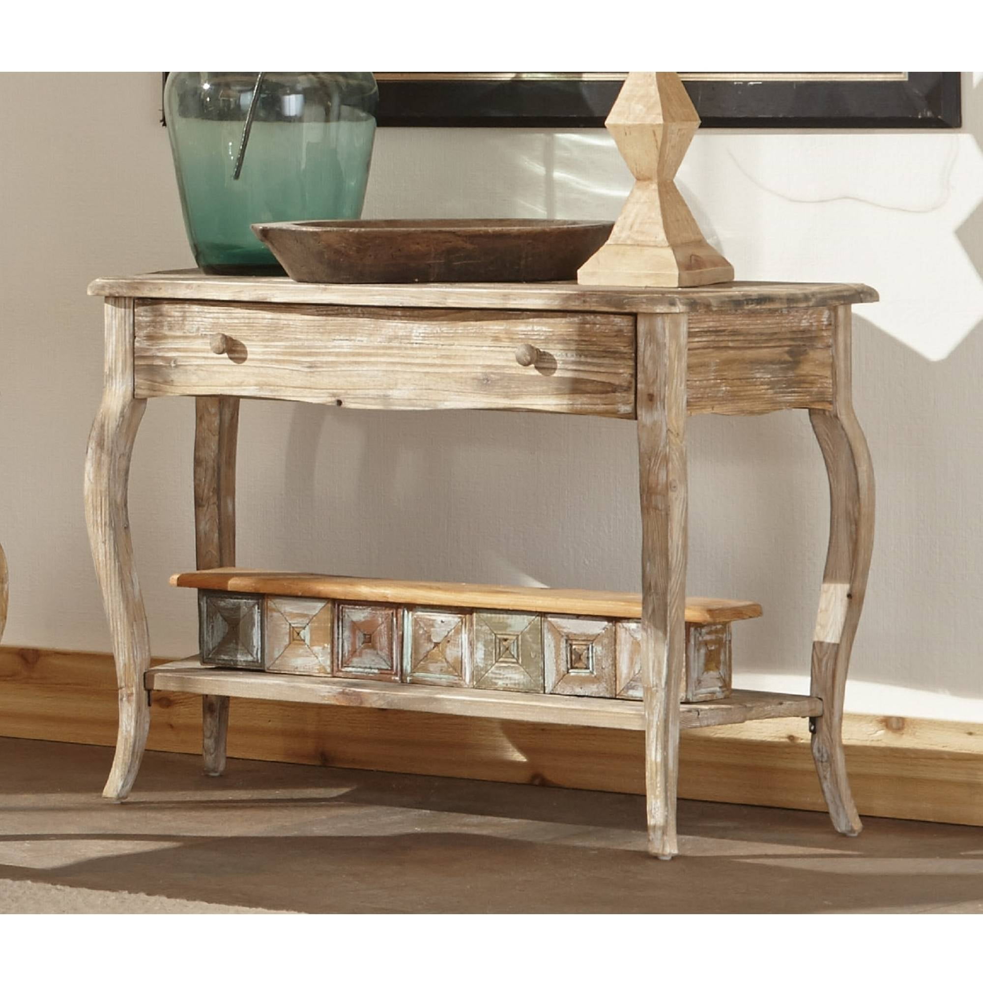 Curved Reclaimed Wood Console Table with Drawer - Driftwood Finish