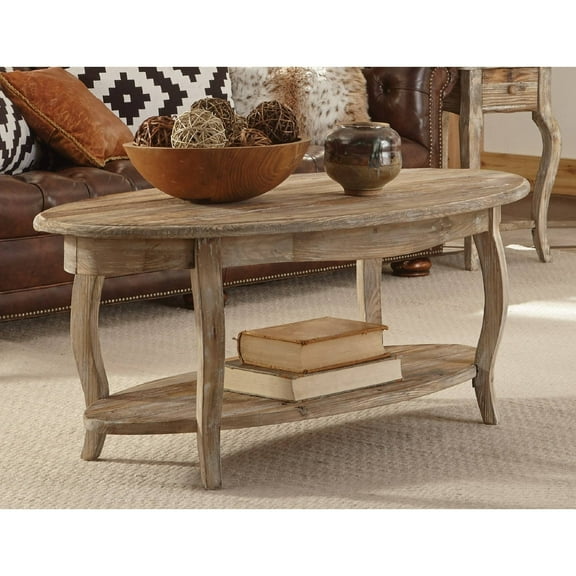 Alaterre Furniture Rustic Oval Coffee Table, Unique Handcrafted Accent Furniture, Curved Legs with Scalloped Edges, Textured Antiquing, Driftwood