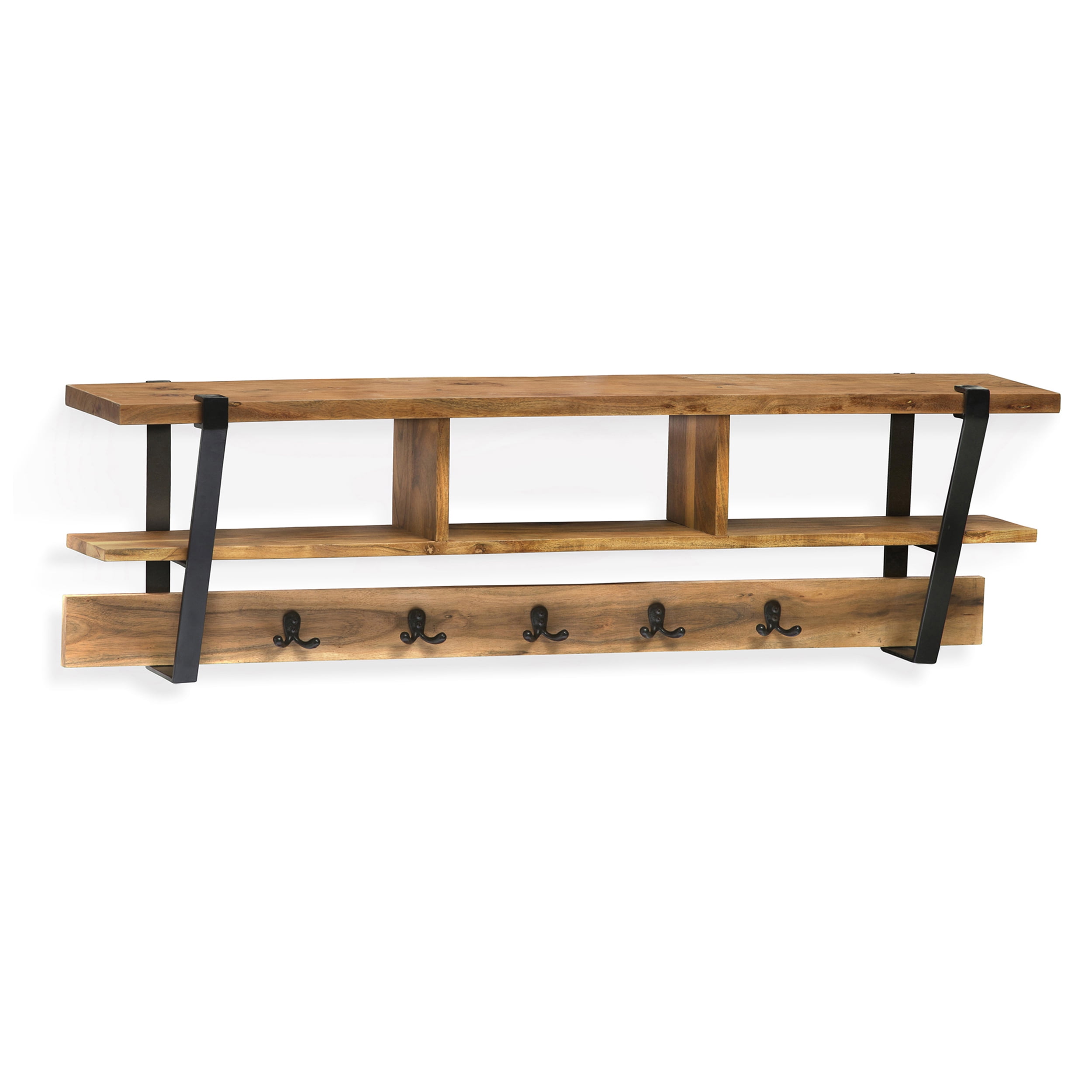 Ryegate Natural Acacia Wood Wall Shelf with Black Metal Hooks