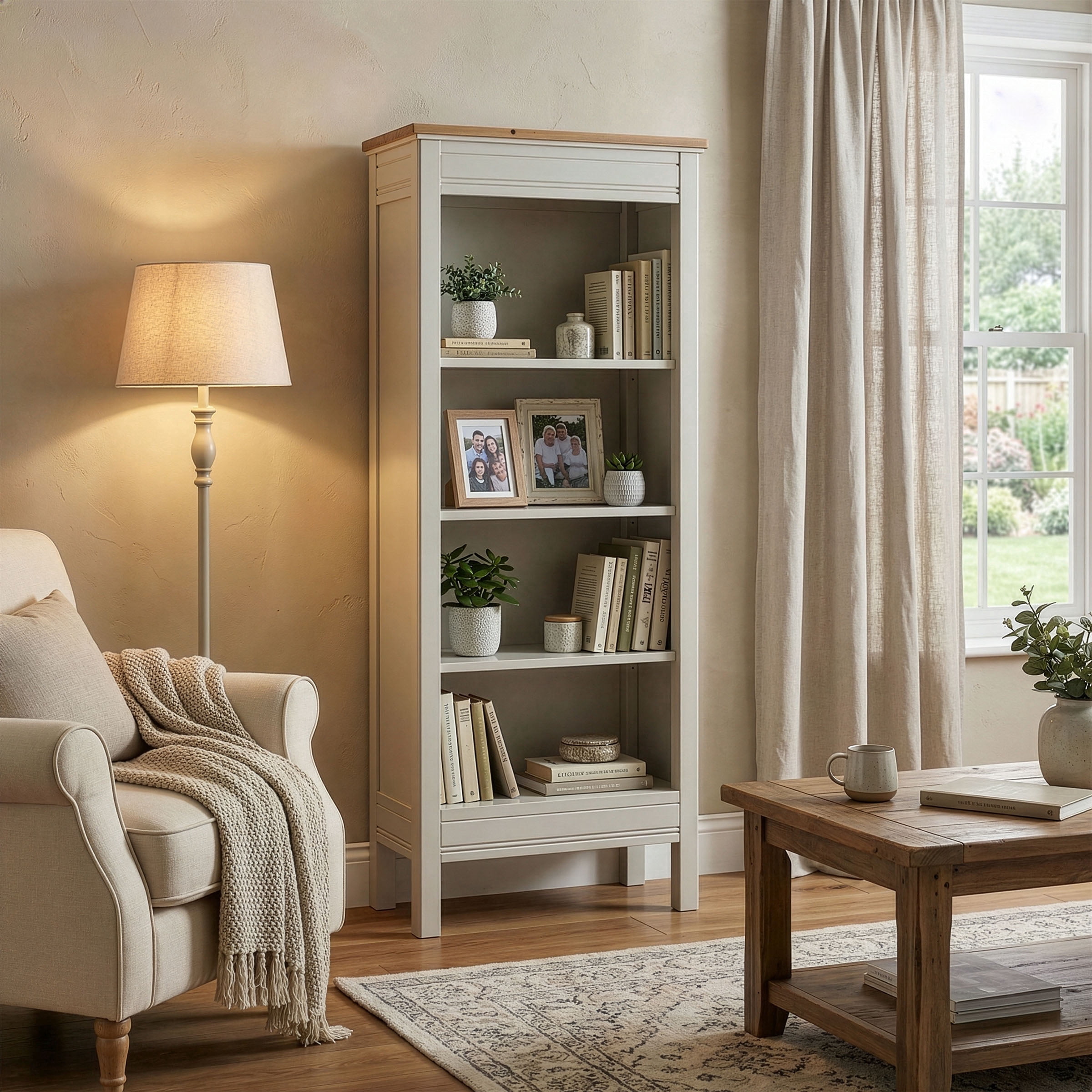 Alaterre Furniture Savannah Natural Wood Ivory 5 ft Tall Adjustable Shelves Bookcase