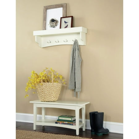 Alaterre Furniture Shaker Cottage Bench/Coat Hooks with Tray, Ivory