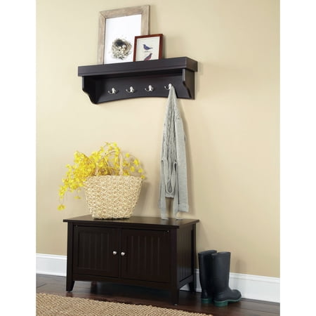 Alaterre Shaker Cottage Storage Bench/Coat Hooks with Tray, Chocolate