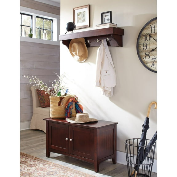 Alaterre Shaker Cottage Storage Bench/Coat Hooks with Tray, Espresso