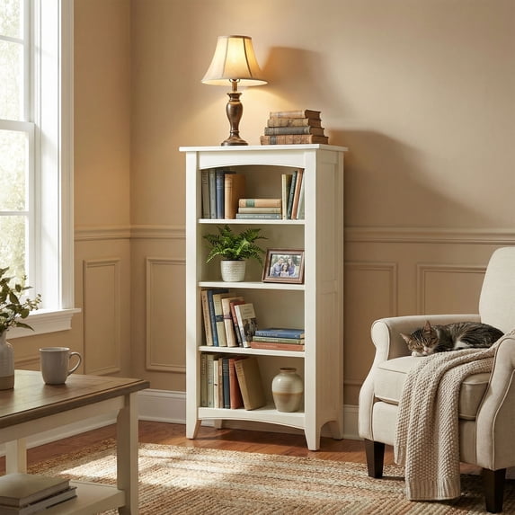 Shaker Cottage Bookcase with 4Adjustable Shelves, 100 lbs Capacity, Hardwood, Ivory Finish, 24 in. W x 14 in. D x 48 in. H