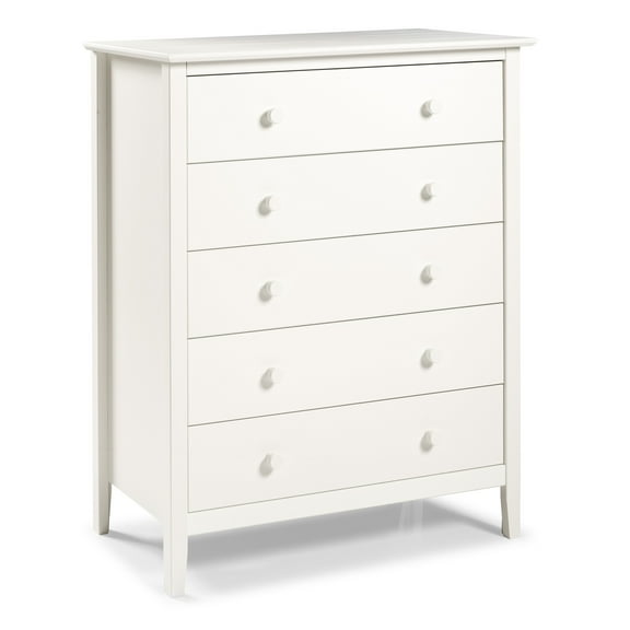 Alaterre Furniture Simplicity 5-Drawer Chest, Kids Bedroom Dresser, Anti-Tip Safety, Metal Glides, Wooden Knobs, Brazilian Pine and Veneers, White