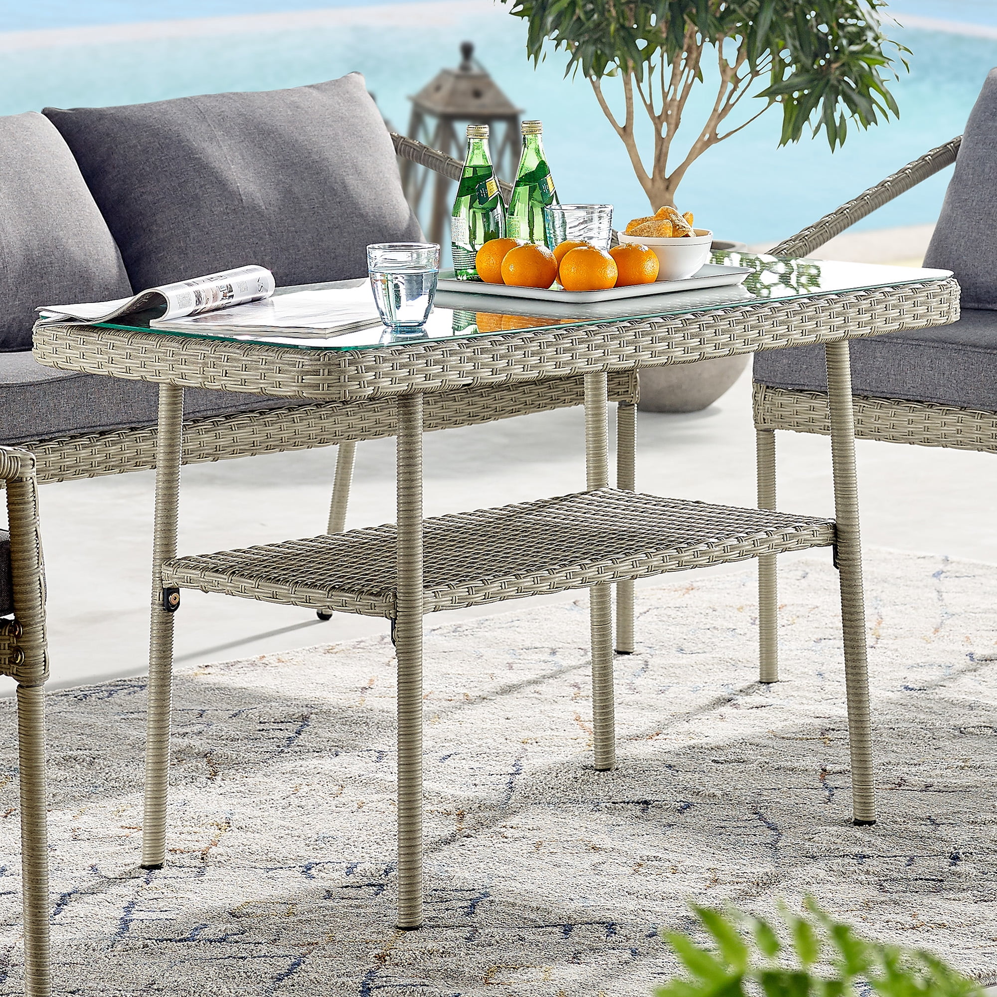 Light Gray All-Weather Wicker Outdoor Cocktail Table with Glass Top