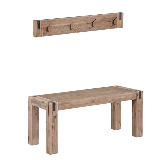 Alaterre Woodstock Acacia Wood with Metal Coat Hook and Bench Set, Brushed Driftwood