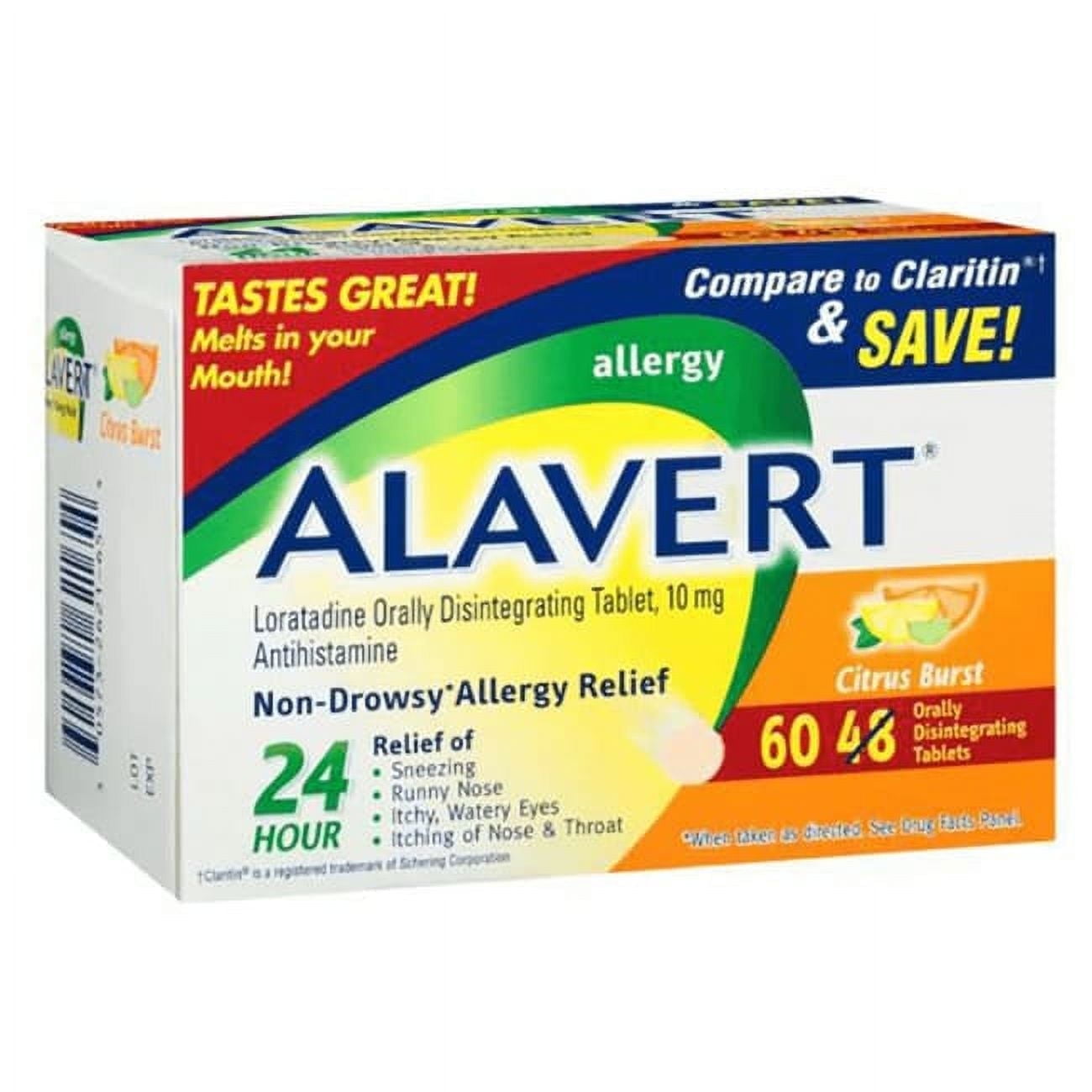 Alavert Allergy 24 Hour Relief, Citrus Burst Flavor, Orally Disintegrating Allergy Tablets, Non-drowsy Antihistamine, Loratadine 10mg, 60 Count