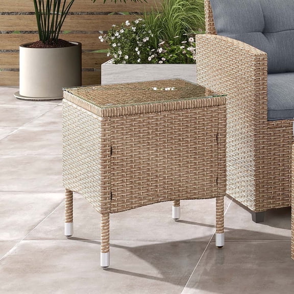 Alaya Outdoor PE Wicker and Steel End Table, Natural