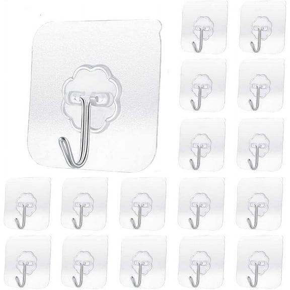 Alayaglory 20 Pack Transparent Adhesive Hooks 30 lb(Max), Waterproof and Oilproof Reusable Seamless Hooks, Heavy Duty Wall Hook for Kitchen Bathroom Office