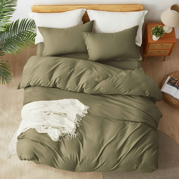 Alazuria Duvet Cover Set Soft Prewashed Microfiber with zipper and 4 corner ties Olive Green color Twin size ( 90" x 68" )