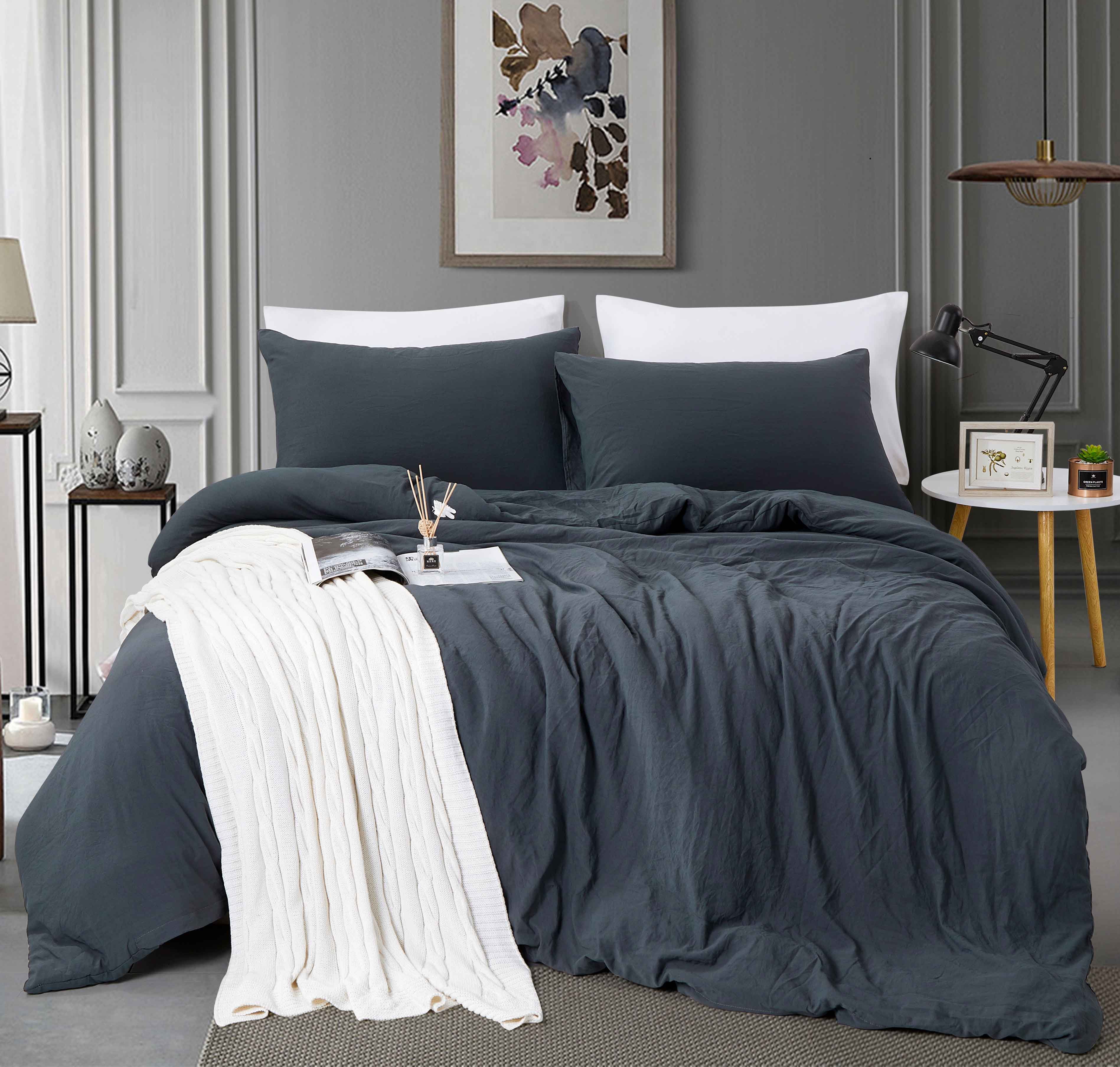 Alazuria Duvet Cover Set Soft Wrinkled Microfiber with zipper and 4 corner ties Charcoal color Queen size ( 90" x 90" )