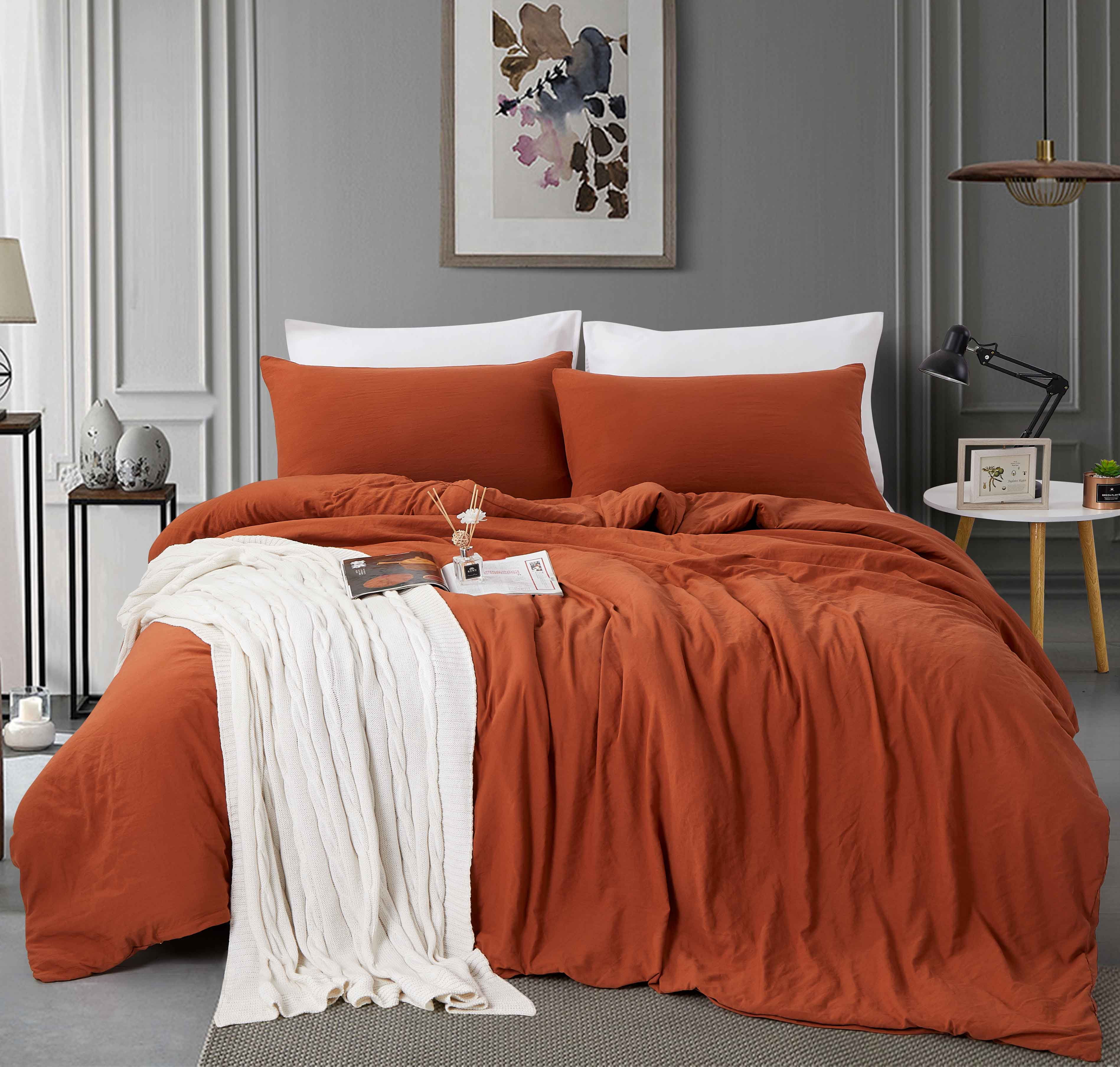 Alazuria Duvet Cover Set Soft Wrinkled Microfiber with zipper and 4 corner ties Clay Terracotta color Queen size ( 90" x 90" )