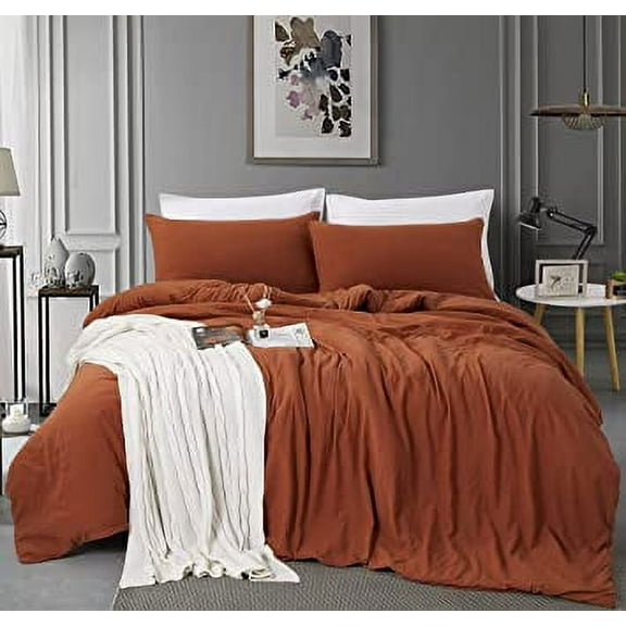 Alazuria Duvet Cover Set Soft Wrinkled Microfiber with zipper and 4 corner ties Clay Terracotta color Twin size ( 90" x 68" )