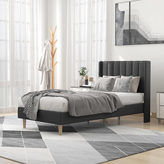 alazyhome Twin Size Upholstered Platform Bed Frame, Easy Assemble, Black