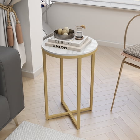 Alazyhome Faux Marble Modern Round Living Room Accent Side Table Gold Metal Frame