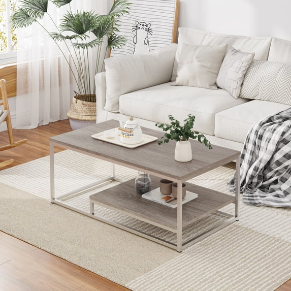 Alazyhome Rectangular Coffee Table Wood Grain and Silver Metal