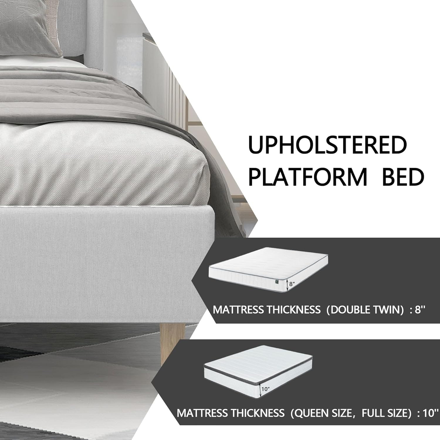 White Linen Upholstered Queen Platform Bed with Wooden Slats