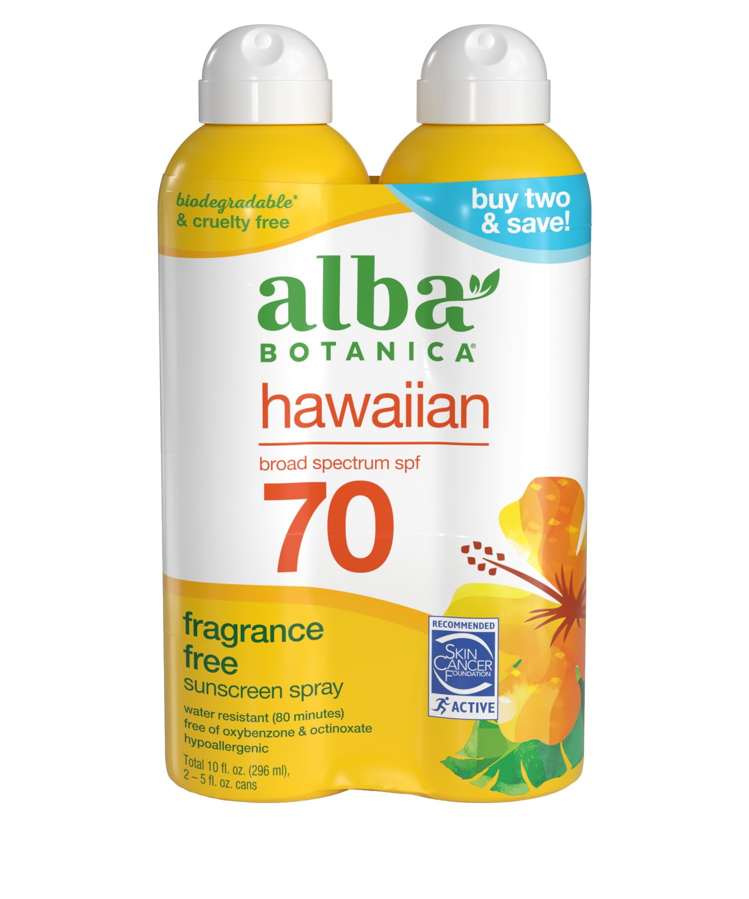 Alba Botanica Hawaiian Coconut DMF15 Sunscreen, Spray Broad Spectrum SPF 70 Sunscreen, Water Resistant and Biodegradable 5 fl oz Bottle (Pack of 2)