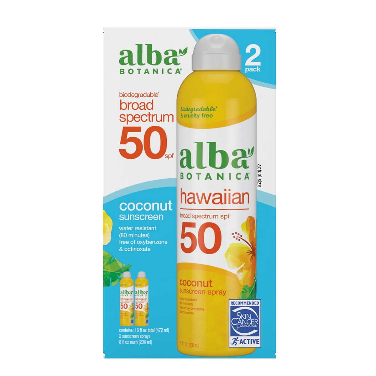 Alba Botanica Hawaiian Sunscreen Spray SPF 50, 8 oz, 2 Pack