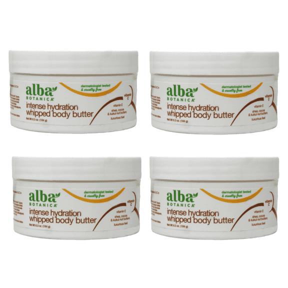Alba Botanica Intense Hydration Whipped Body Butter with Shea, Cocoa & Kukui Nut Butters, 6.5 oz Pack of 4