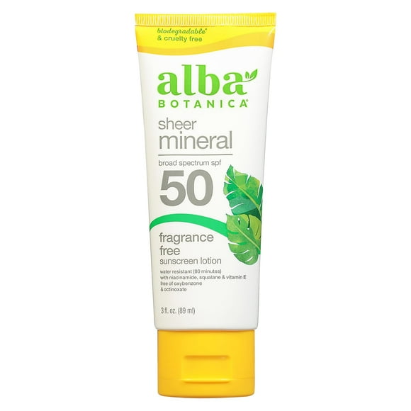 Alba Botanica Sheer Mineral Sunscreen Lotion, Broad Spectrum Spf 50, Fragrance Free, 3 Fl Oz