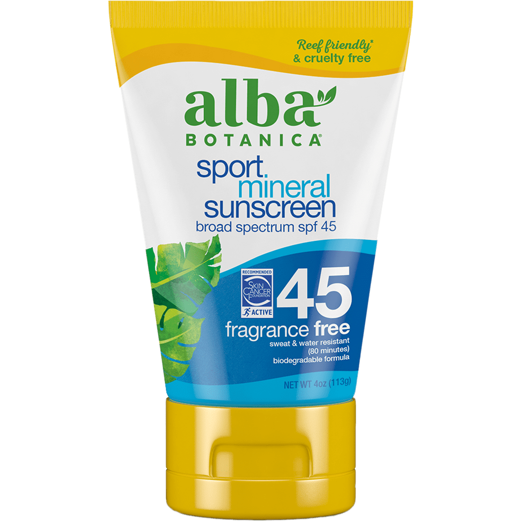 Alba Botanica Sport Mineral Sunscreen Lotion SPF 45, Fragrance Free, 4 oz.