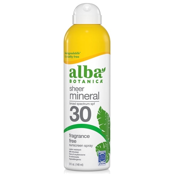 Alba Botanica Sheer Mineral Sunscreen Spray, Spf 30, Fragrance-Free Broad Spectrum, Water Resistant And Biodegradable, 5 Fl. Oz. Bottle