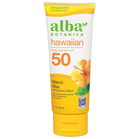 Alba Botanica Sunscreen Lotion, Spf 50, Island Vibe, 3 Oz