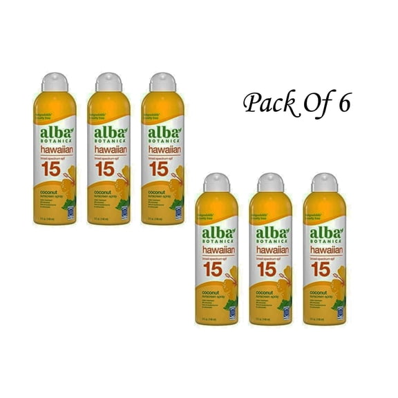 Alba Botanica Sunscreen Spray for Face and Body, Broad Spectrum SPF 15 Sunscreen, Hawaiian Coconut, Water Resistant and Biodegradable, 5 fl. oz. (Pack Of 6)
