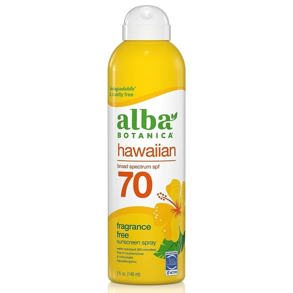 Alba Botanica Sunscreen Spray for Face and Body, Broad Spectrum SPF 70 Sunscreen, Hawaiian Coconut, Water Resistant and Biodegradable, 5 fl. oz. Bottle