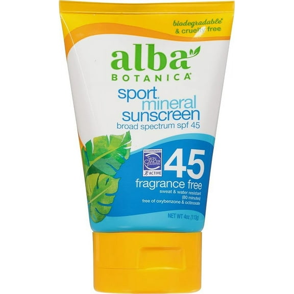 Alba Botanica Sunscreen for Face and Body, Sport Mineral Sunscreen Lotion, Broad Spectrum SPF 45, Water Resistant and Fragrance-Free, 4 fl. oz. Tube