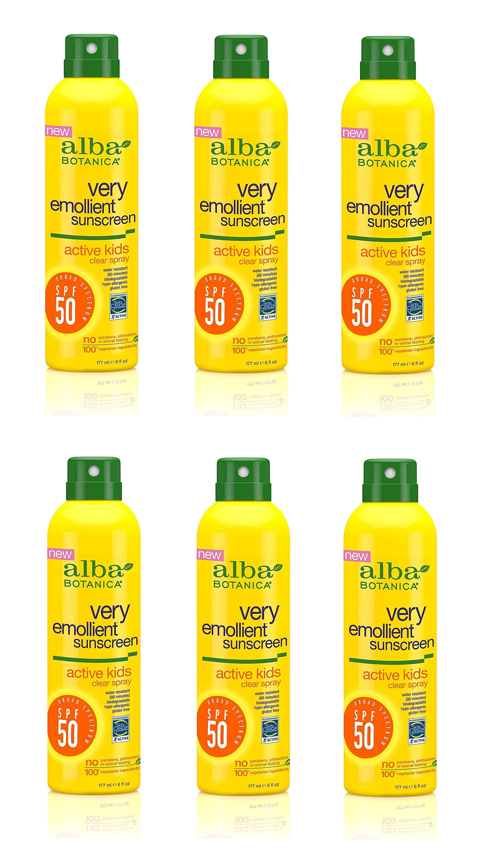 Alba Botanica Very Emollient, Kids Spray Sunscreen SPF 50, 6 Oz (6 Pack)