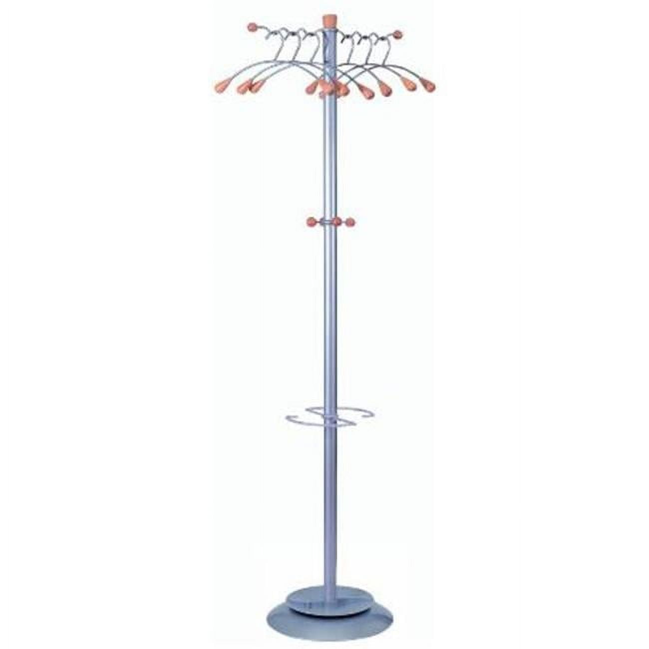 Mahogany and Silver Metal Coat Rack with Umbrella Stand