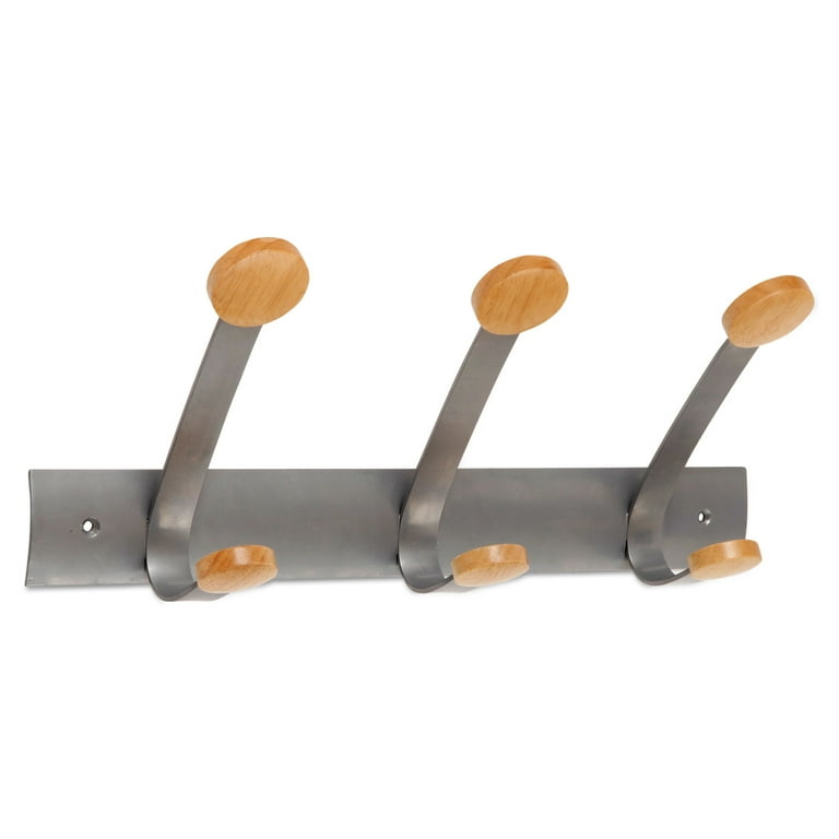 Wooden Coat Hook, Three Wood Peg Wall Rack, Brown/Silver, 45 lb Capacity Wooden Coat Hook, Three Wood Peg Wall Rack, Brown/Silver, 45 lb Capacity