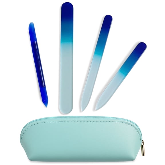 Alban Czech Glass Nail File Set with Manicure Stick & Vegan Leather Cosmetic Case (Royal Blue Nail Files, Royal Manicure Stick & Light Blue Cosmetic Case)