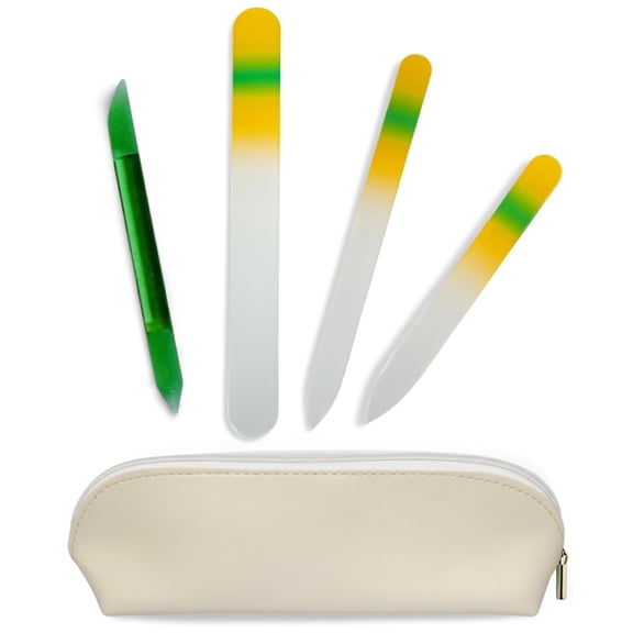 Alban Czech Glass Nail File Set with Manicure Stick & Vegan Leather Cosmetic Case (Yellow-Green Nail Files, Green Manicure Stick & Cream Cosmetic Case)