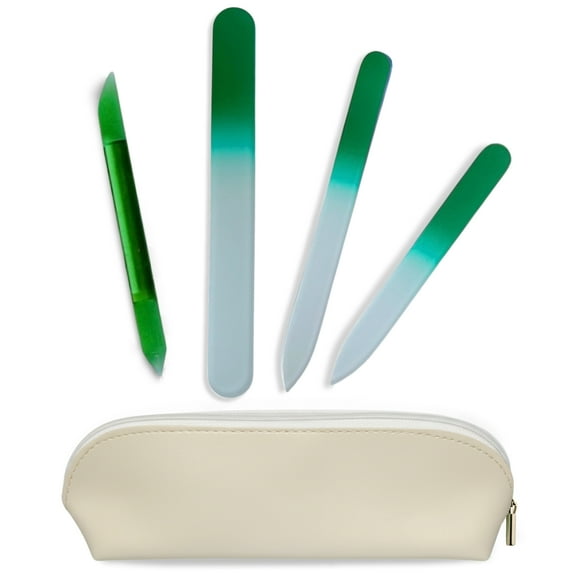 Alban Czech Glass Nail File Set with Manicure Stick & Vegan Leather Cosmetic Case (Green Nail Files, Green Manicure Stick & Cream Cosmetic Case)
