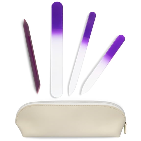 Alban Czech Glass Nail File Set with Manicure Stick & Vegan Leather Cosmetic Case (Purple Nail Files, Plum Manicure Stick & Cream Cosmetic Case)