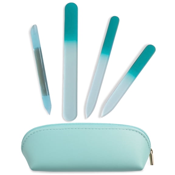 Alban Czech Glass Nail File Set with Manicure Stick & Vegan Leather Cosmetic Case (Turquoise Nail Files, Light Blue Manicure Stick & Cosmetic Case)