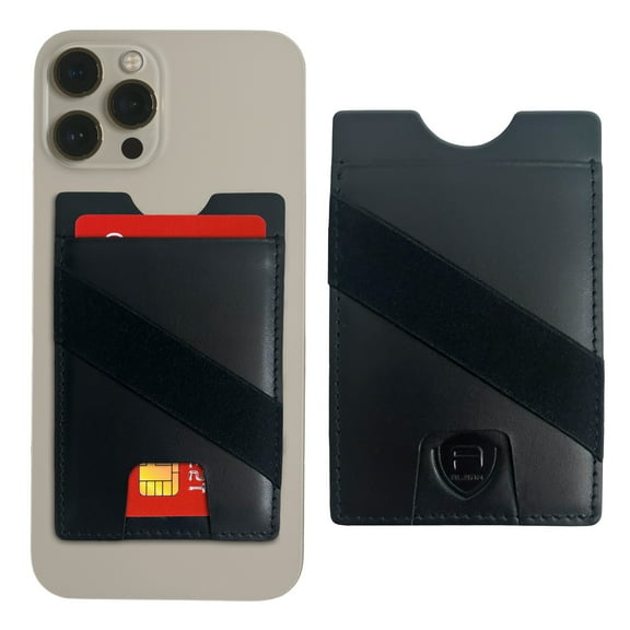 Alban Genuine Leather Stick On Cell Phone Wallet with Finger Strap & Thumb Hole