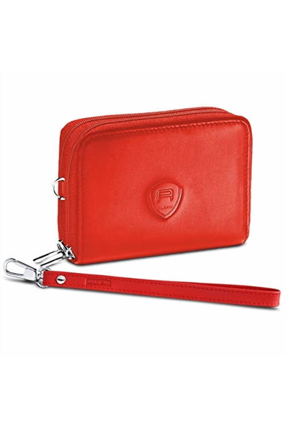 Leather Wallet RFID Blocking 2 Zips Credit Card Holder Women - Red