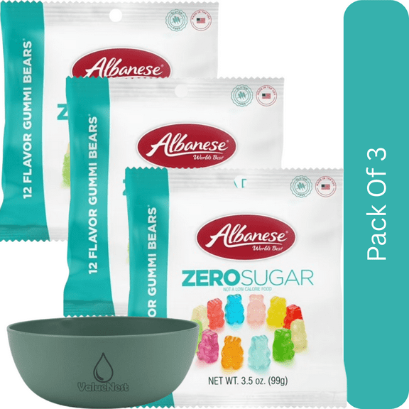 Albanese 12 Flavor Zero Sugar Gummi Bears, 3.5 oz, Regular Size-3pk, With Olive Green Bowl By ValueNest