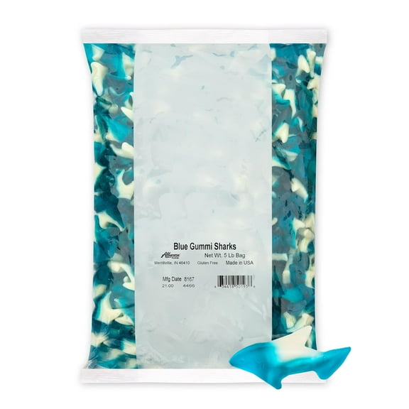 Albanese World's Best Blue Gummi Sharks | 5lbs of Candy | Gluten Free, Fat Free, Soft and Chewy Gummy | Firecracker Pop Flavor: Cherry, Lemon-Lime, Blue Raspberry | Perfect for Themed Kid's Parties