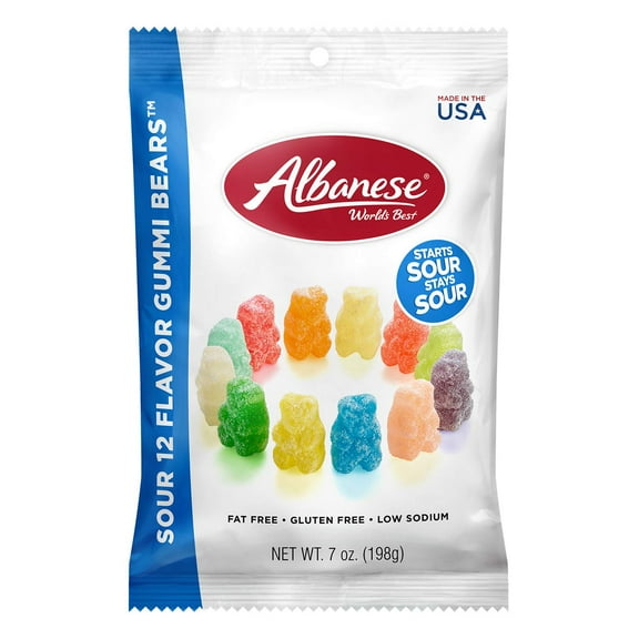 Albanese World's Best Sour 12 Flavor Gummi Bears, 7oz Bag of Candy (Pack of 12), Individually Wrapped Soft & Chewy Candy Snacks, Flavor Assortment