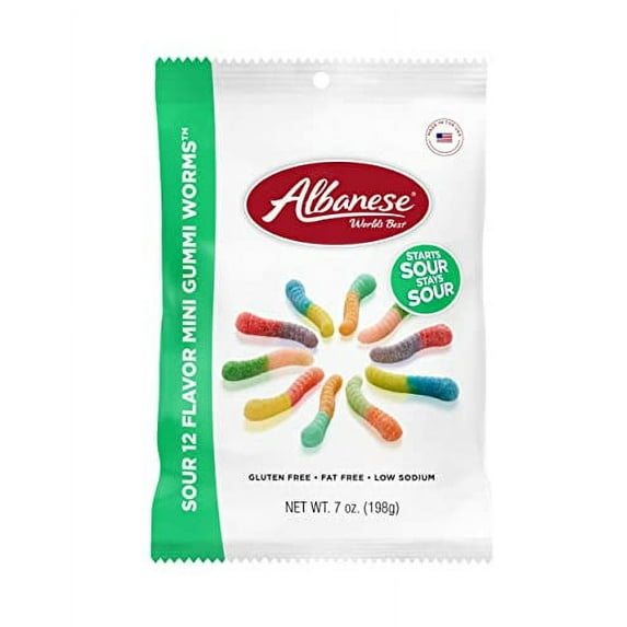 Albanese World's Best Sour 12 Flavor Mini Gummi Worms, 7oz Bag of Candy (Pack of 12)